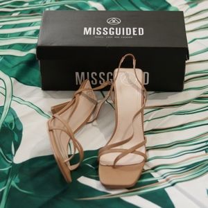 Tan Missguided Square Toe Slingback Heels.